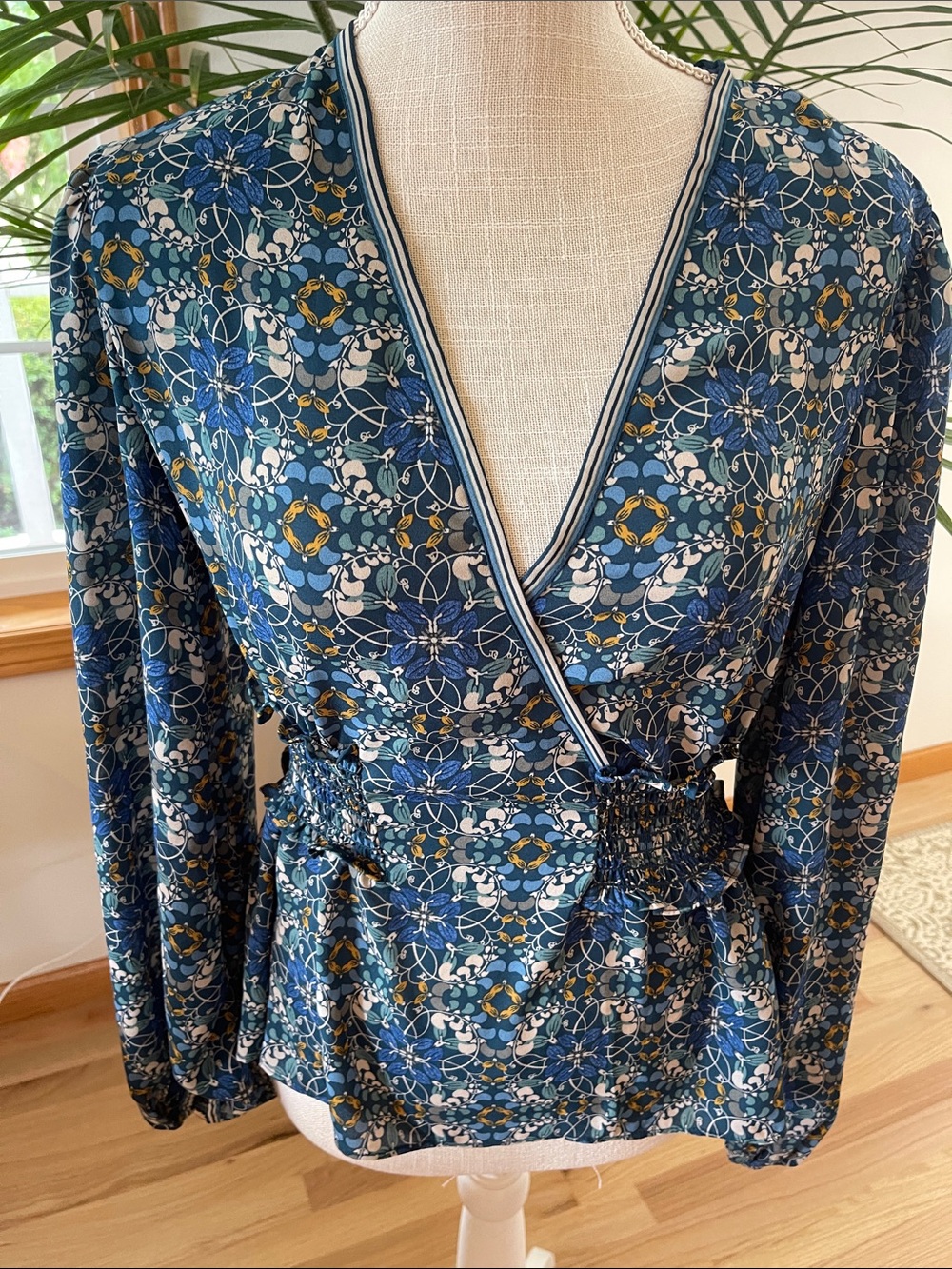 Max Studio Blue Floral Wrap Blouse with Smocked Waist